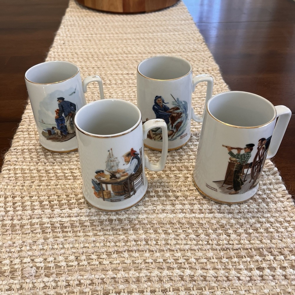 Norman Rockwell Coffee Mug set-Museum Series-Gold rim-Vintage Porcelain Set 4
